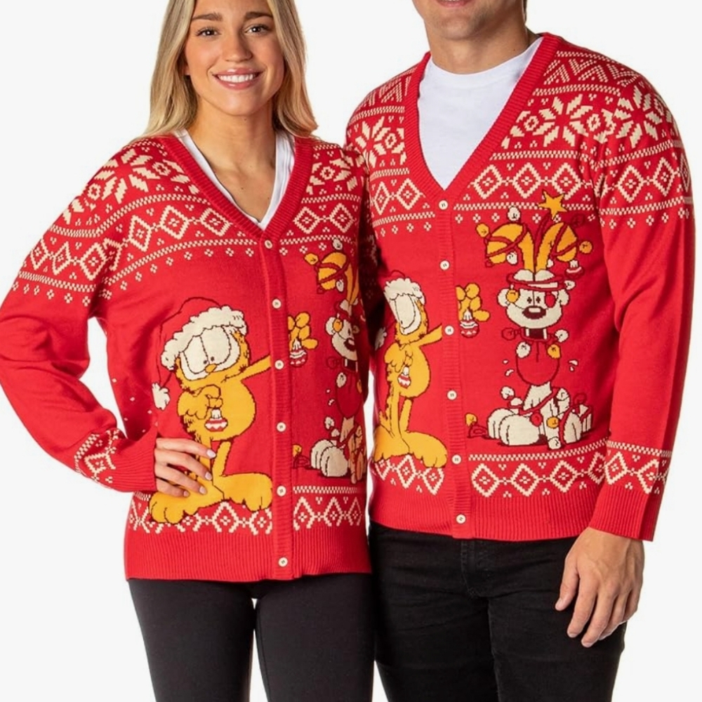 Garfield Men's Odie & Garfield Ugly Sweater Button-Up Knit Cardigen 2024